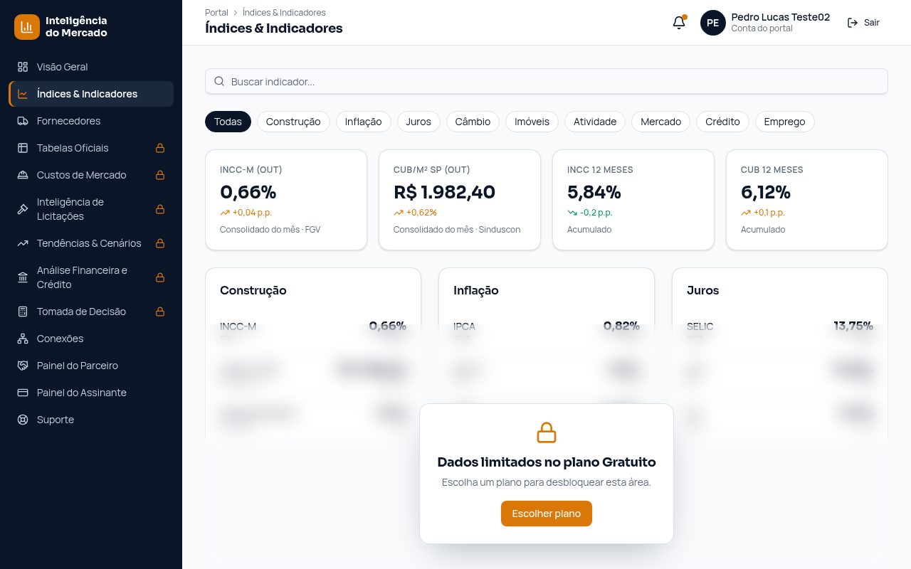 Tela Índices e Indicadores do portal